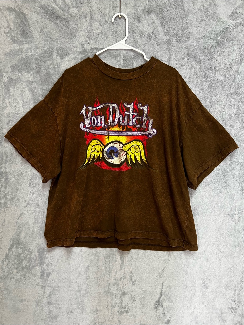 Von Dutch Flying Eyeball Winged Graphic T-Shirt Brown Mineral Wash Men Large L